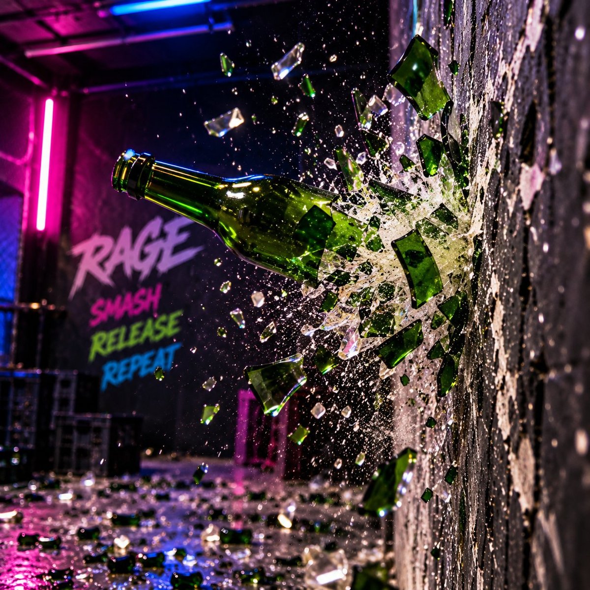 A green beer bottle shatters against a grey wall with liquid and glass splashing, framed by neon pink and blue signs in a nightclub setting